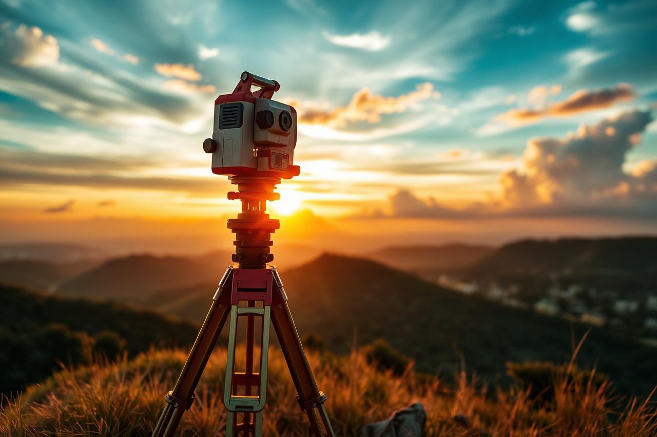Equipamento topográfico em levantamento de campo ao fim da tarde