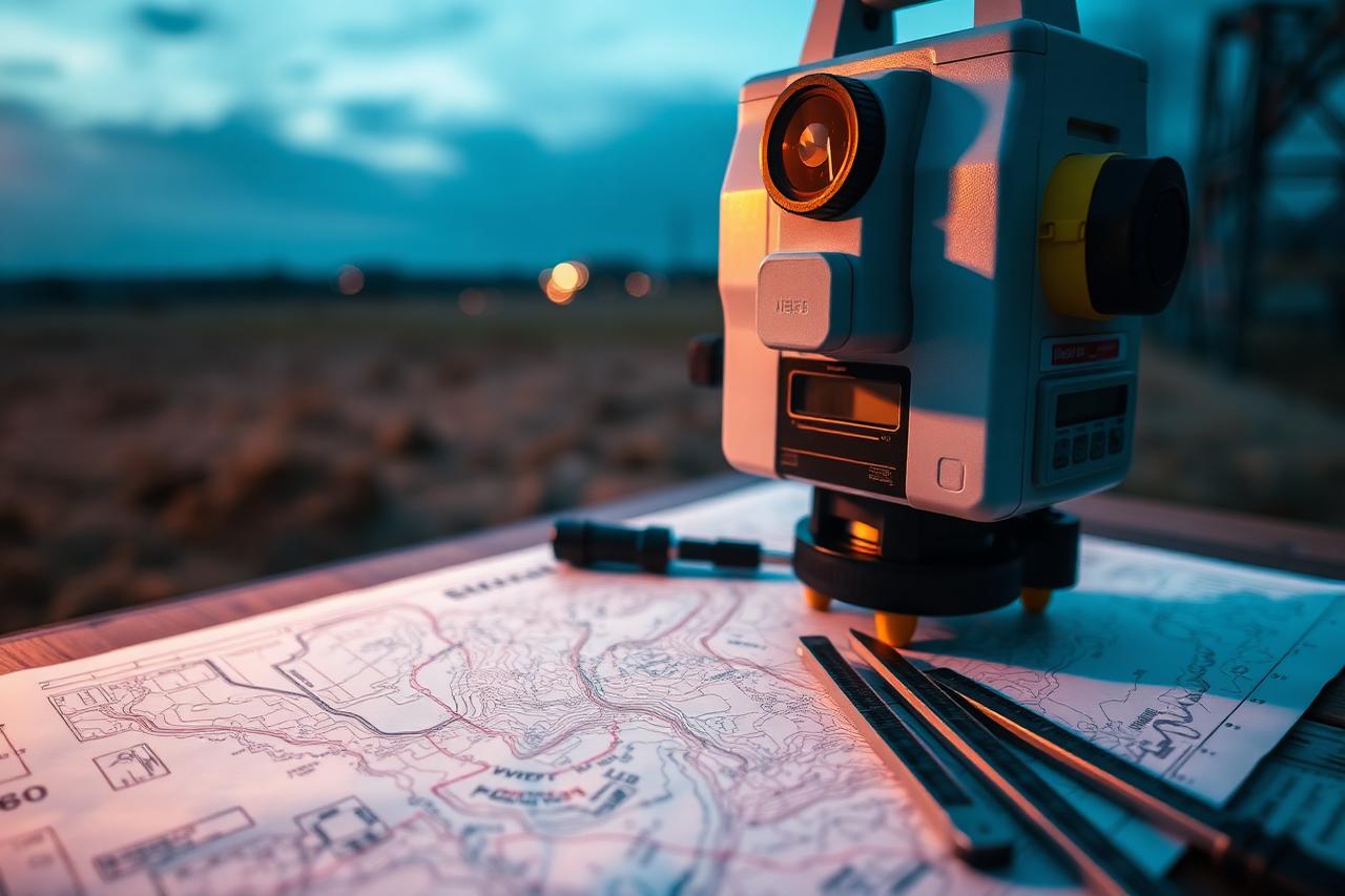 Detalhe de equipamento topográfico sobre planta técnica